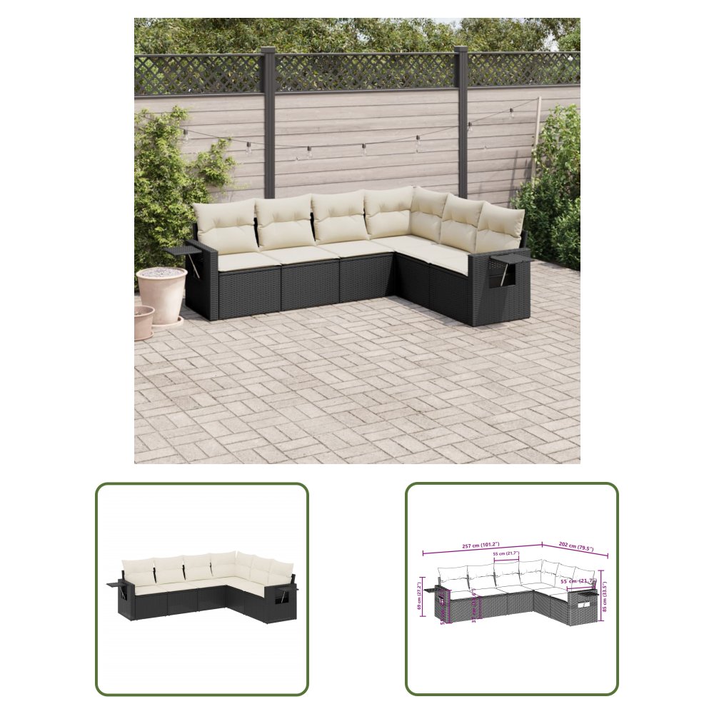 The Living Store 6-cz. zestaw mebli ogrodowych z poduszkami - czarny polirattan - Sofa Ogrodowa