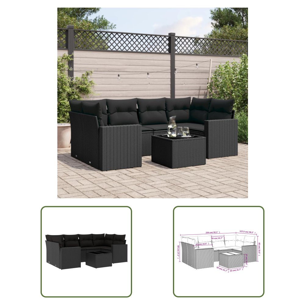 The Living Store 7-cz. zestaw wypoczynkowy do ogrodu - z poduszkami - czarny - Sofa Ogrodowa