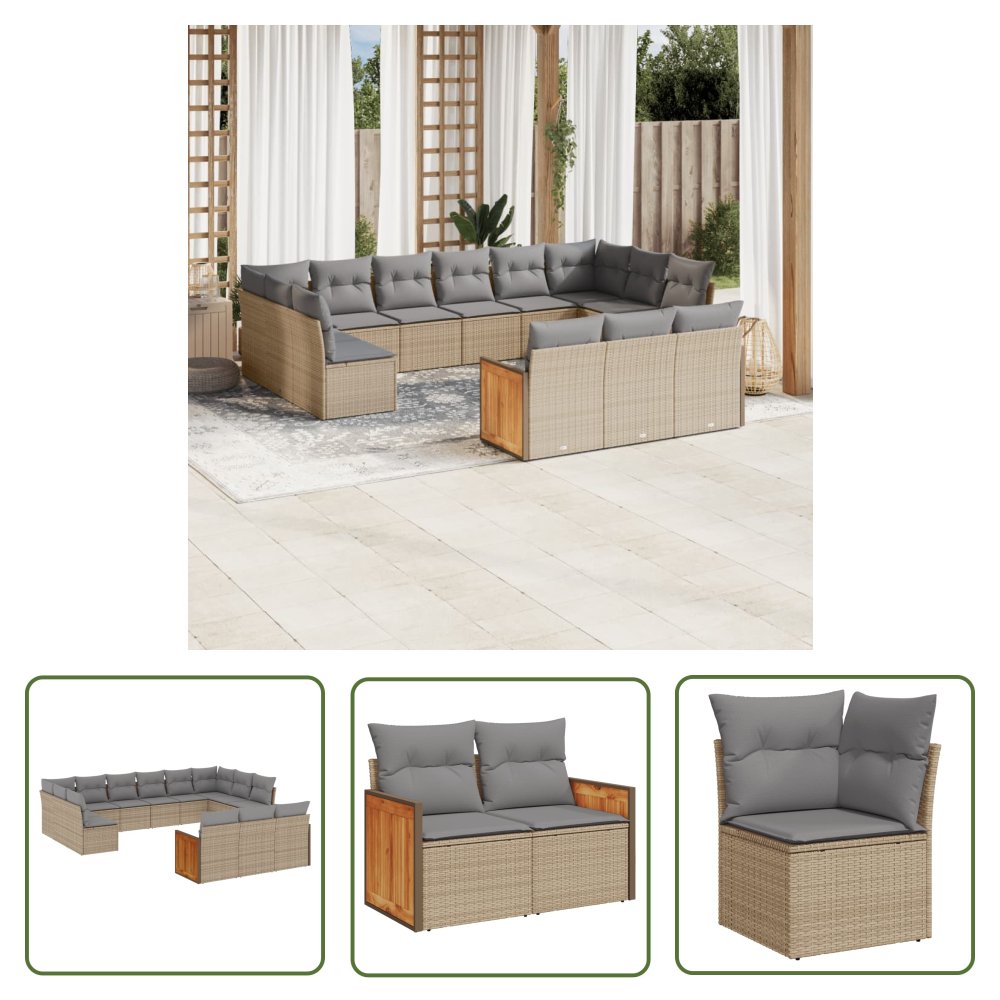 The Living Store 13-cz. zestaw mebli ogrodowych z poduszkami - beżowy - polirattan - Sofa Ogrodowa