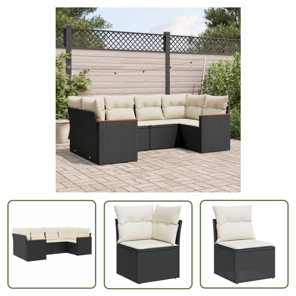 The Living Store 6-cz. zestaw mebli ogrodowych z poduszkami - czarny polirattan - Sofa Ogrodowa
