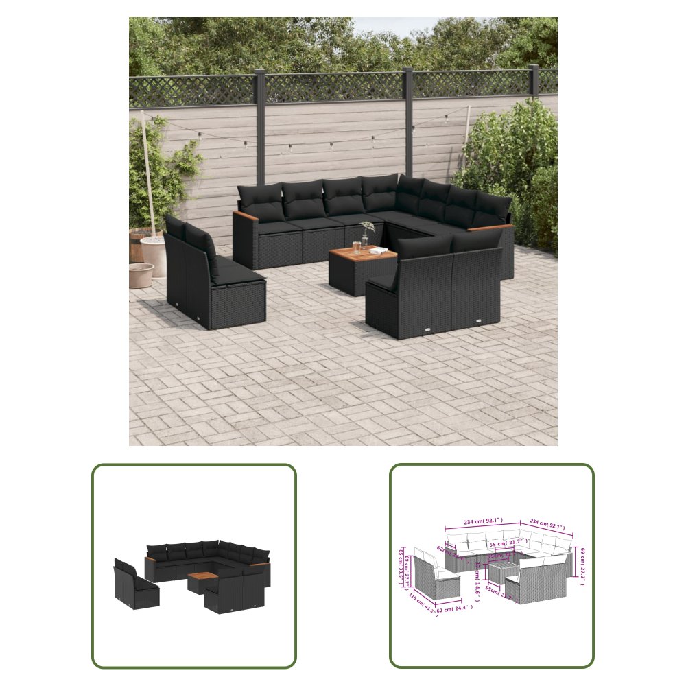 The Living Store 12-cz. zestaw mebli do ogrodu - z poduszkami - czarny - polirattan - Sofa Ogrodowa