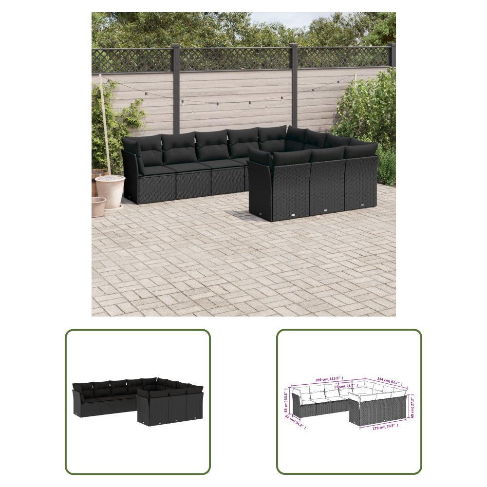 The Living Store 10-cz. zestaw wypoczynkowy do ogrodu - poduszki czarny rattan PE - Sofa Ogrodowa