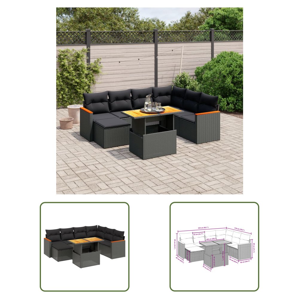 The Living Store 8-cz. zestaw wypoczynkowy do ogrodu - z poduszkami - czarny - Sofa Ogrodowa