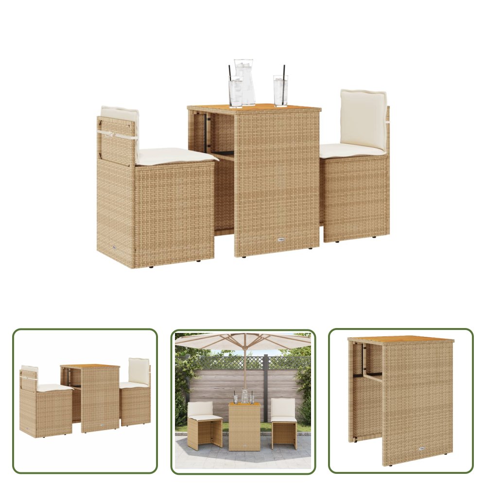 The Living Store 3-cz. zestaw mebli bistro z poduszkami - beżowy - polirattan - Meble Bistro