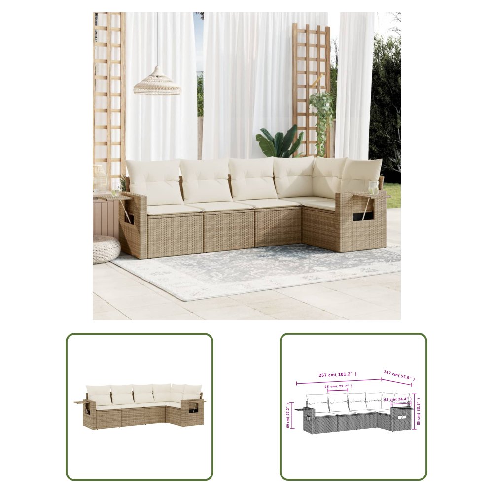The Living Store 5-cz. zestaw mebli ogrodowych z poduszkami - beżowy - polirattan - Sofa Ogrodowa