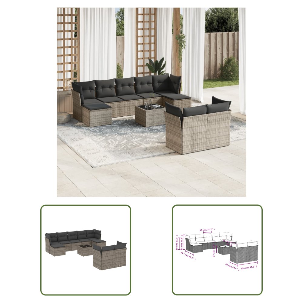 The Living Store 10-cz. zestaw wypoczynkowy do ogrodu - z poduszkami - szary - Sofa Ogrodowa