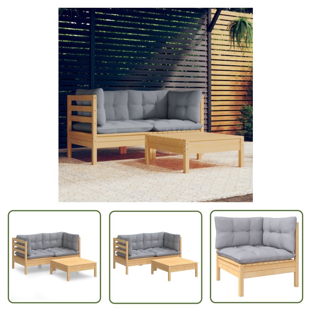 The Living Store 3-cz. zestaw wypoczynkowy do ogrodu - szare poduszki - sosnowy - Zestaw Mebli Ogrodowych