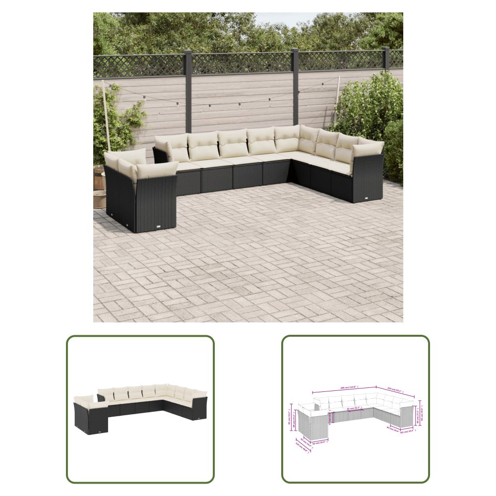 The Living Store 10-cz. zestaw wypoczynkowy do ogrodu - poduszki czarny rattan PE - Sofa Ogrodowa