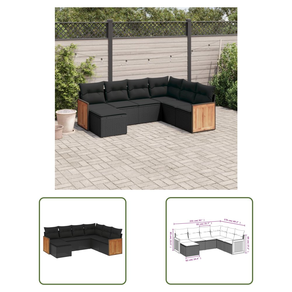 The Living Store 7-cz. zestaw wypoczynkowy do ogrodu - z poduszkami - czarny - Sofa Ogrodowa