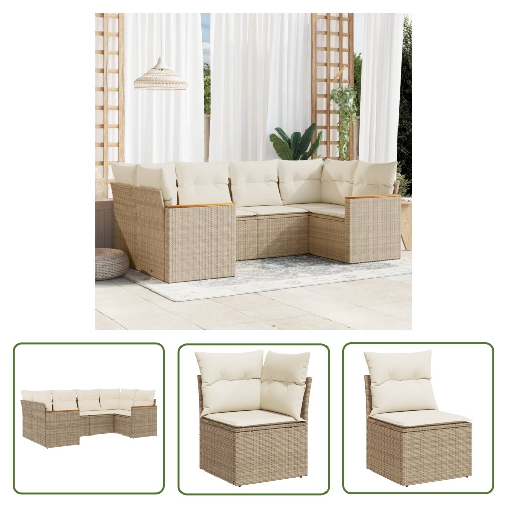 The Living Store 6-cz. zestaw mebli ogrodowych z poduszkami - beżowy - polirattan - Sofa Ogrodowa