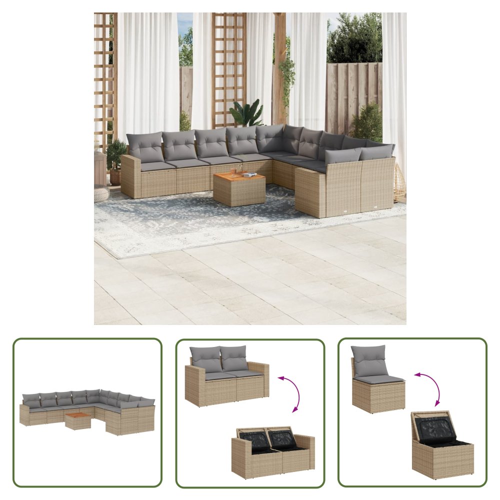 The Living Store 11-cz. zestaw mebli ogrodowych z poduszkami - mieszany beż - Sofa Ogrodowa