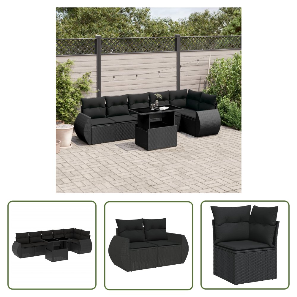 The Living Store 7-cz. zestaw wypoczynkowy do ogrodu - z poduszkami - czarny - Sofa Ogrodowa