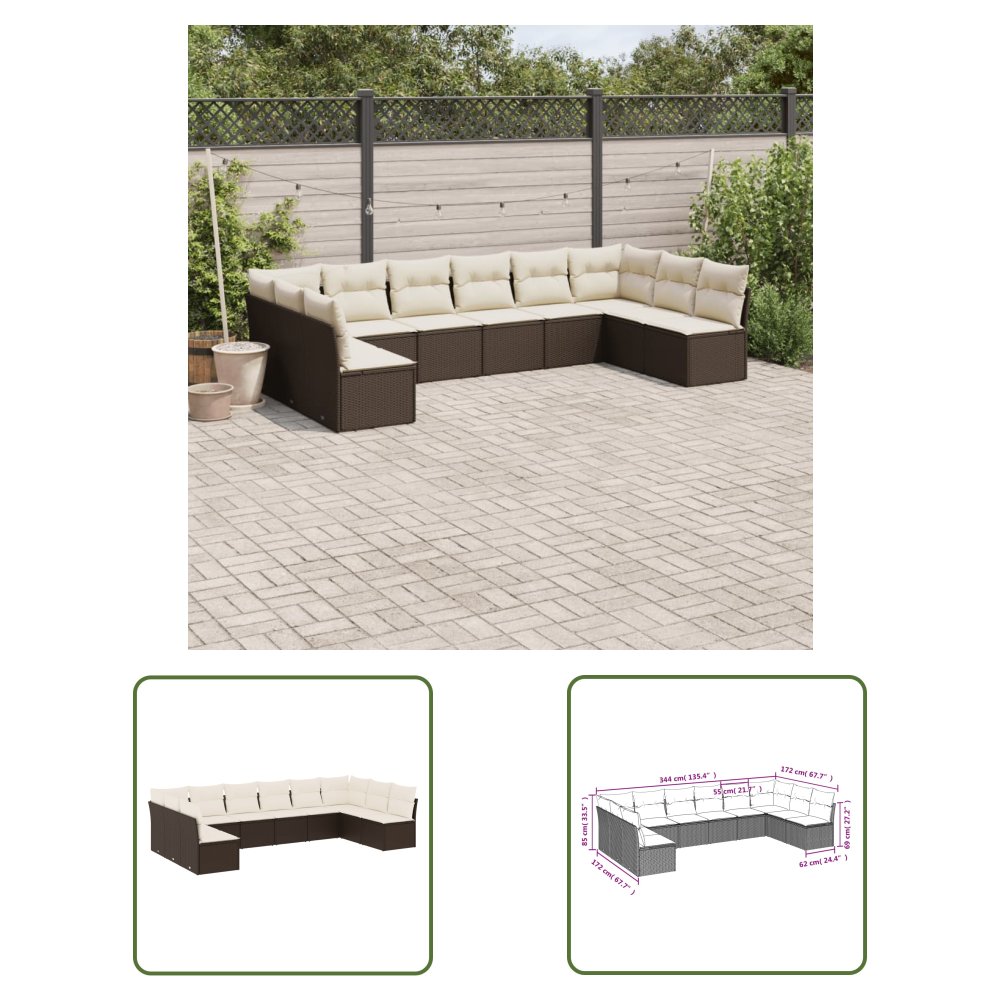 The Living Store 10-cz. zestaw mebli ogrodowych z poduszkami - brązowy polirattan - Sofa Ogrodowa