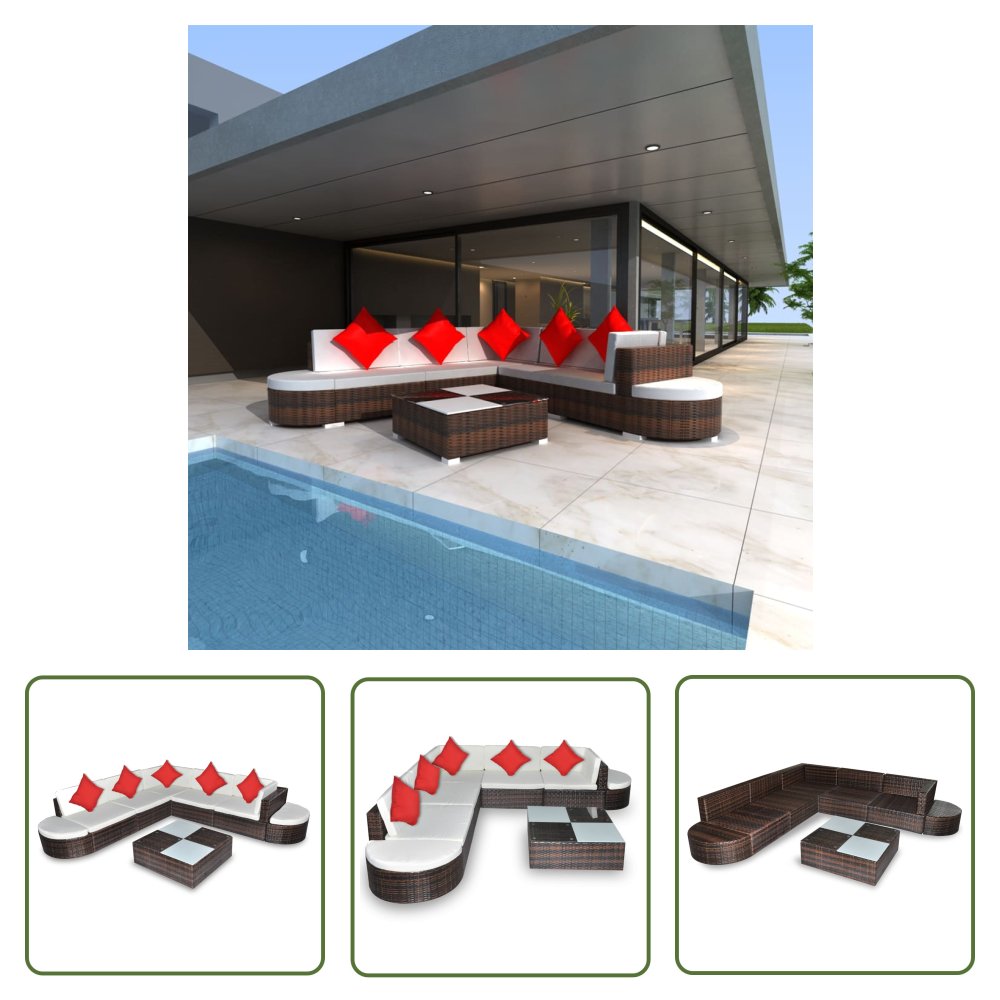 The Living Store 8-cz. zestaw wypoczynkowy do ogrodu - poduszki - rattan PE - brąz - Ogrodowy Stół I Krzesła