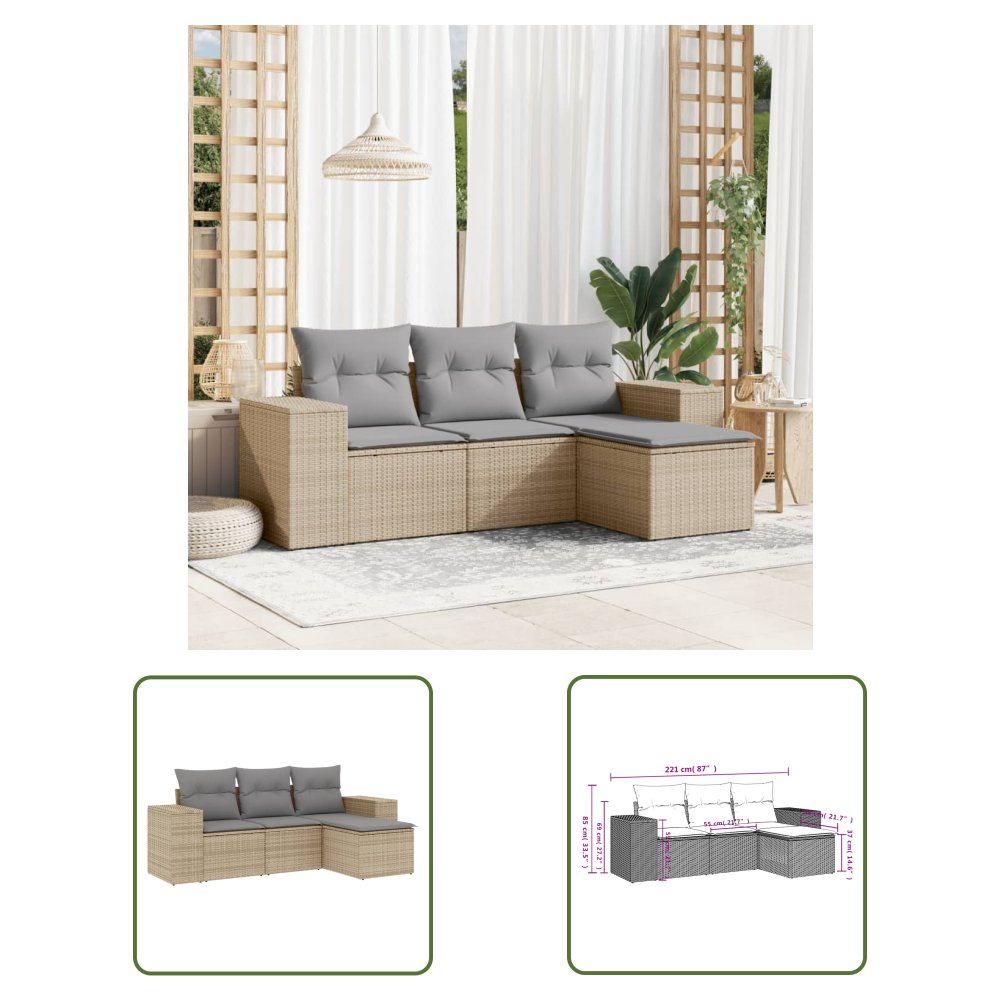 The Living Store 4-cz. zestaw mebli ogrodowych z poduszkami - beżowy - polirattan - Sofa Ogrodowa