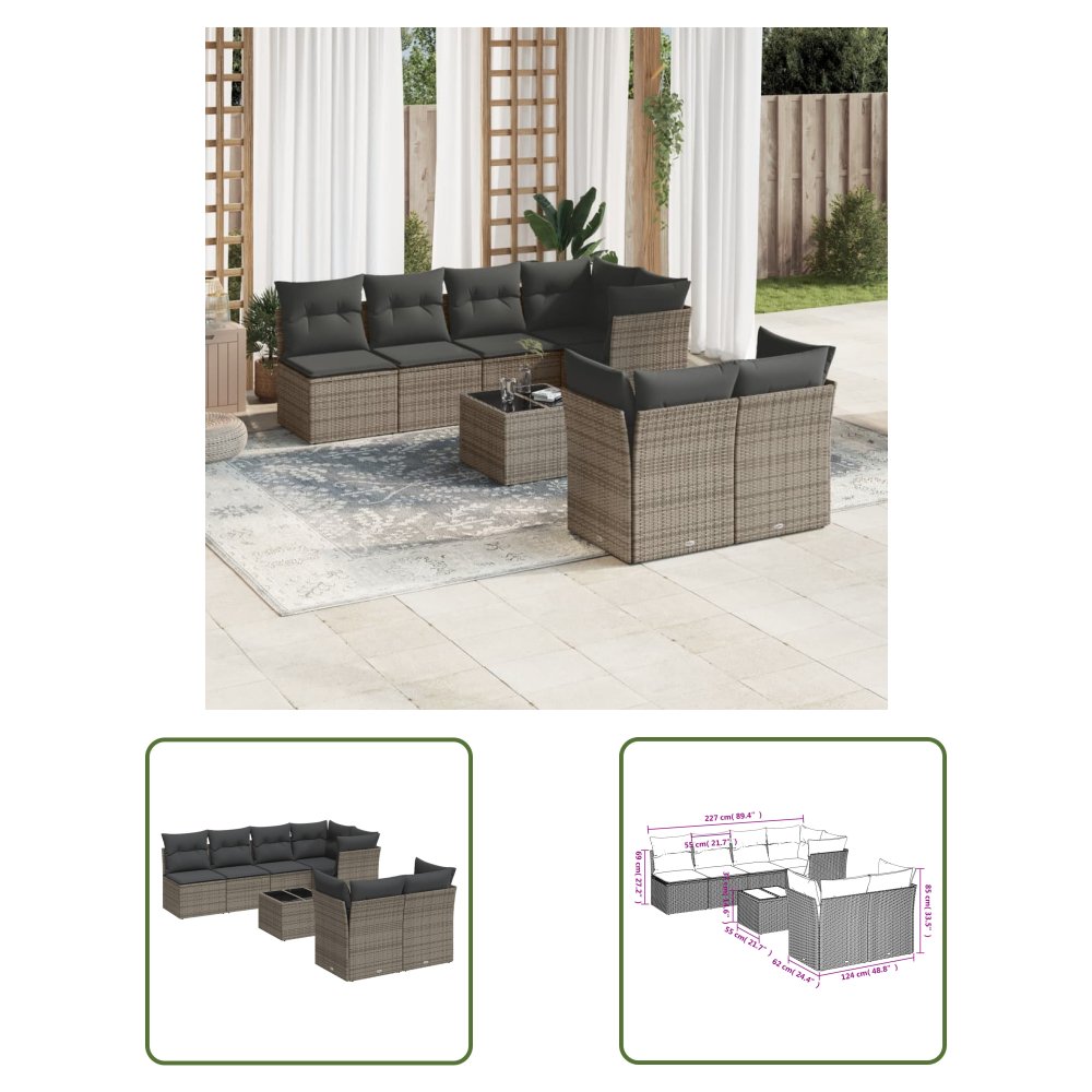 The Living Store 8-cz. zestaw wypoczynkowy do ogrodu - poduszki - szary polirattan - Sofa Ogrodowa