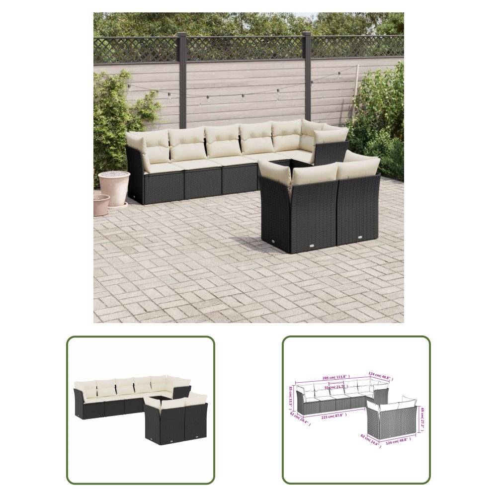 The Living Store 8-cz. zestaw wypoczynkowy do ogrodu - z poduszkami - czarny - Sofa Ogrodowa