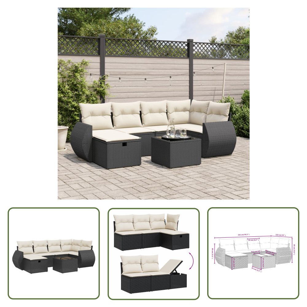 The Living Store 7-cz. zestaw wypoczynkowy do ogrodu - z poduszkami - czarny - Sofa Ogrodowa