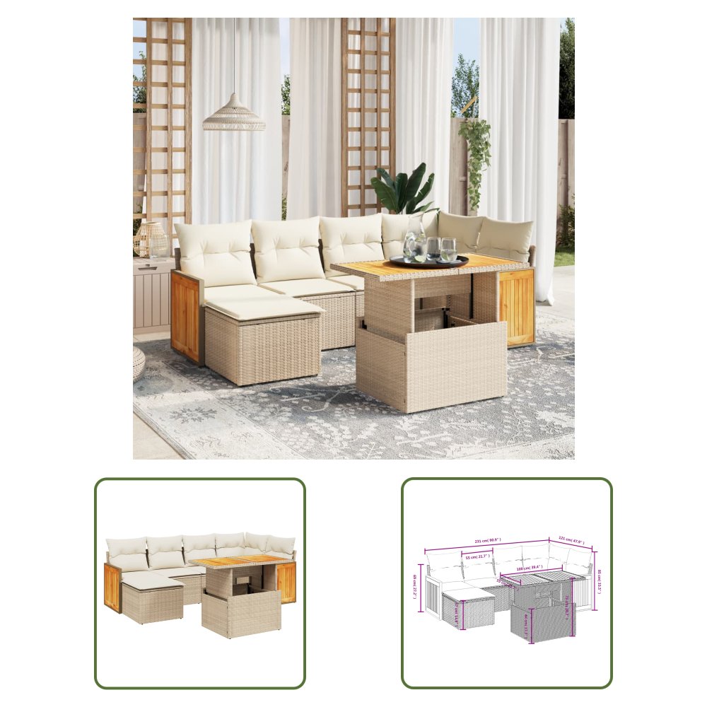 The Living Store 7-cz. zestaw wypoczynkowy do ogrodu - z poduszkami - beżowy - Sofa Ogrodowa