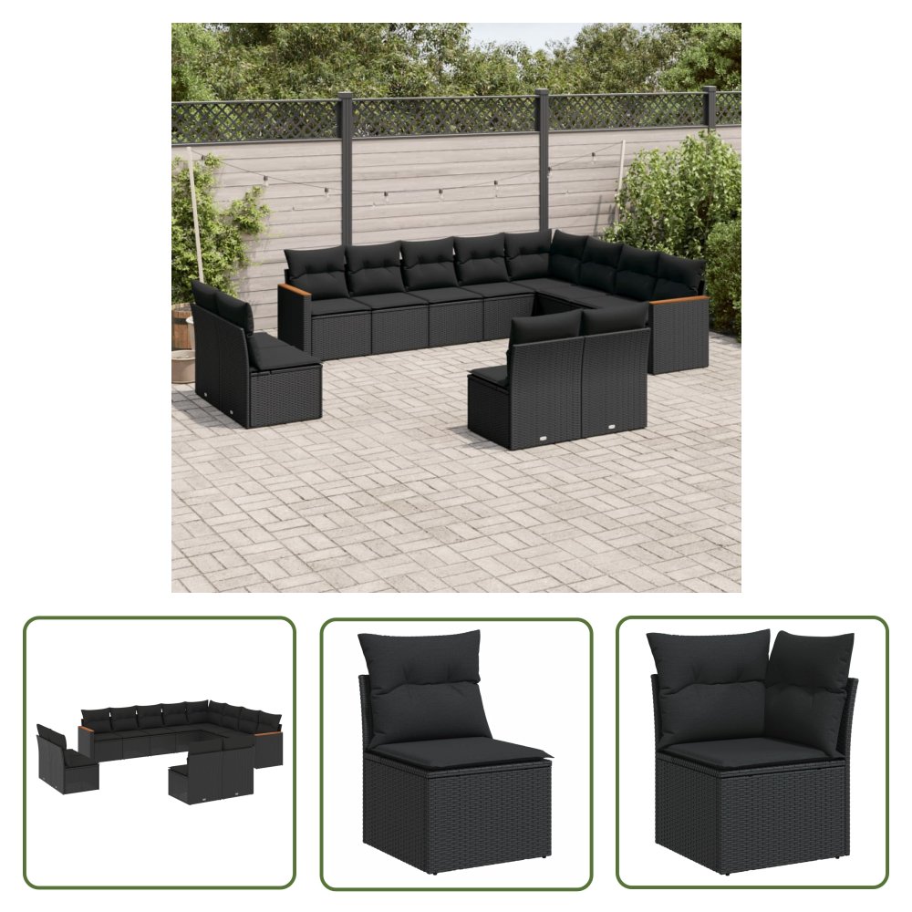 The Living Store 12-cz. zestaw mebli do ogrodu - z poduszkami - czarny - polirattan - Sofa Ogrodowa