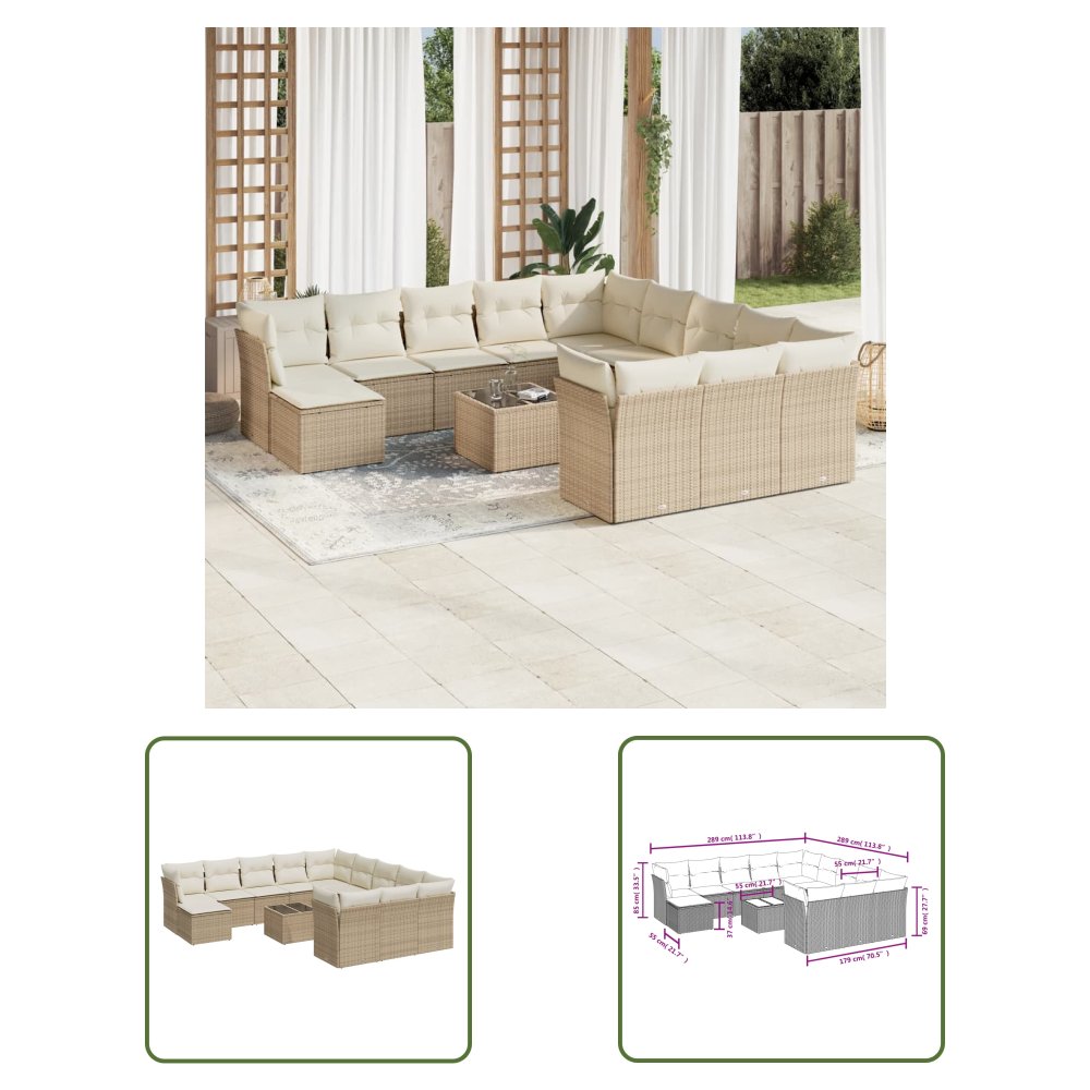 The Living Store 13-cz. zestaw mebli ogrodowych z poduszkami - beżowy - polirattan - Sofa Ogrodowa