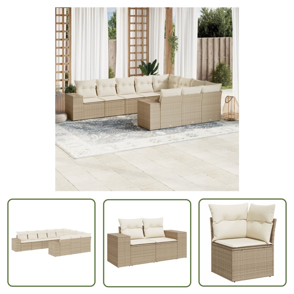 The Living Store 10-cz. zestaw mebli ogrodowych z poduszkami - beżowy - polirattan - Sofa Ogrodowa