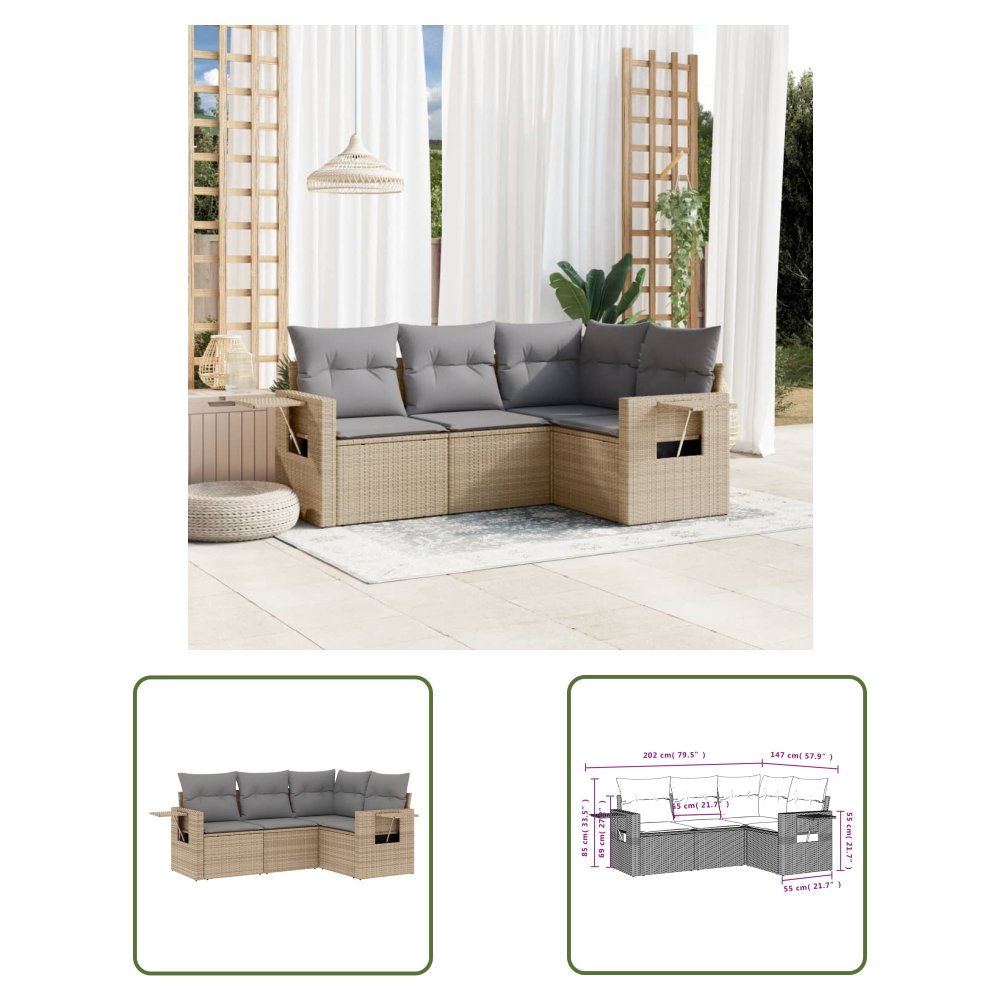The Living Store 4-cz. zestaw mebli ogrodowych z poduszkami - beżowy - polirattan - Sofa Ogrodowa