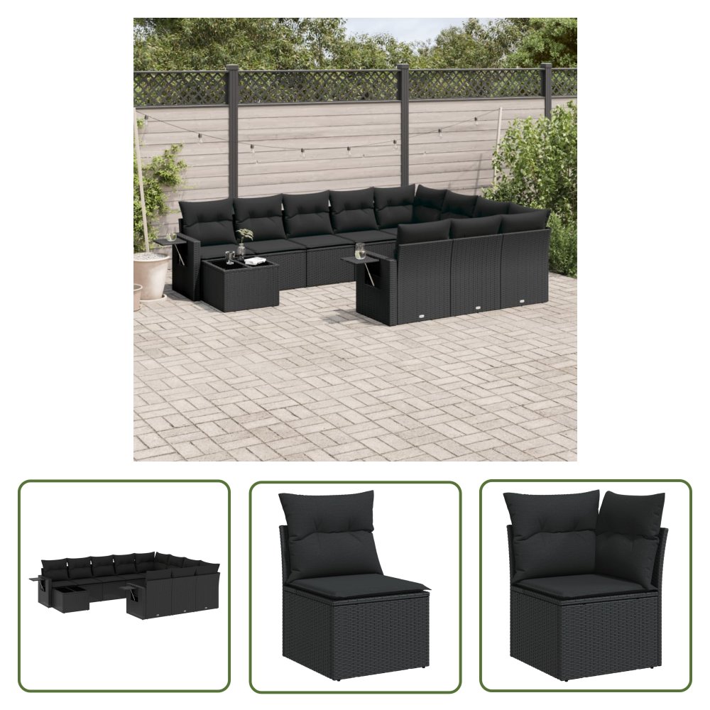 The Living Store 11-cz. zestaw wypoczynkowy do ogrodu - poduszki czarny rattan PE - Sofa Ogrodowa