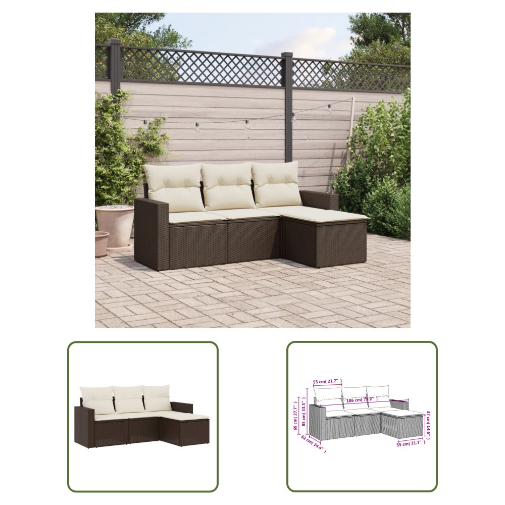 The Living Store 4-cz zestaw wypoczynkowy do ogrodu - poduszki - brązowy rattan PE - Sofa Ogrodowa