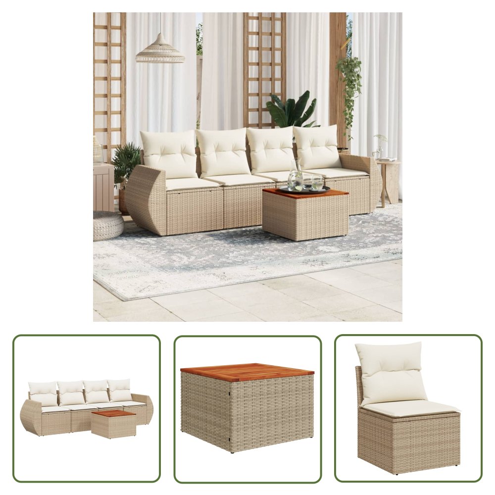 The Living Store 5-cz. zestaw mebli ogrodowych z poduszkami - beżowy - polirattan - Sofa Ogrodowa