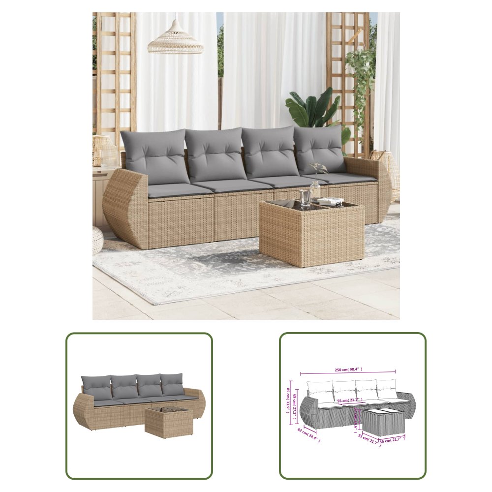 The Living Store 5-cz. zestaw mebli ogrodowych z poduszkami - beżowy - polirattan - Sofa Ogrodowa