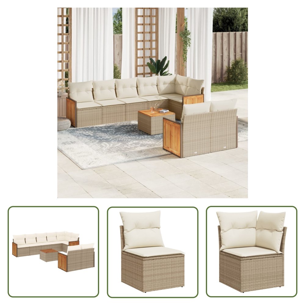 The Living Store 9-cz. zestaw mebli ogrodowych z poduszkami - beżowy - polirattan - Sofa Ogrodowa
