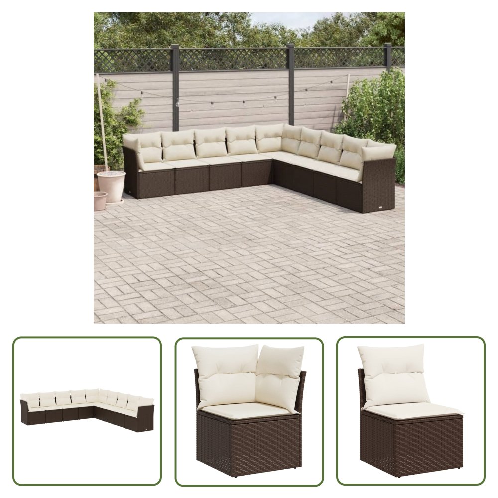 The Living Store 9-cz. zestaw mebli ogrodowych z poduszkami - brązowy - polirattan - Sofa Ogrodowa