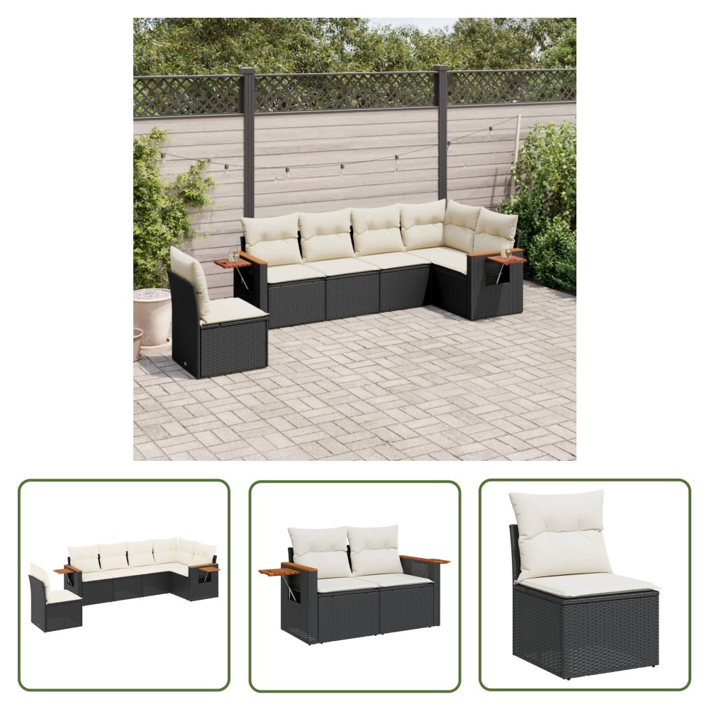 The Living Store 6-cz. zestaw mebli ogrodowych z poduszkami - czarny polirattan - Sofa Ogrodowa