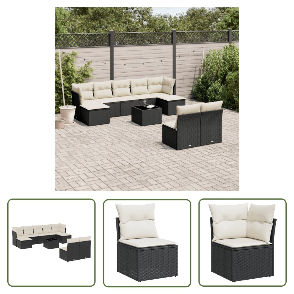 The Living Store 10-cz. zestaw wypoczynkowy do ogrodu - poduszki czarny rattan PE - Sofa Ogrodowa