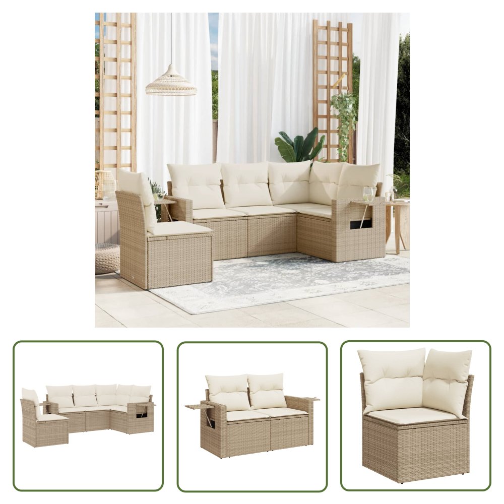 The Living Store 5-cz. zestaw mebli ogrodowych z poduszkami - beżowy - polirattan - Sofa Ogrodowa