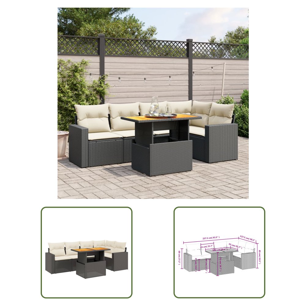 The Living Store 6-cz. zestaw mebli ogrodowych z poduszkami - czarny polirattan - Sofa Ogrodowa