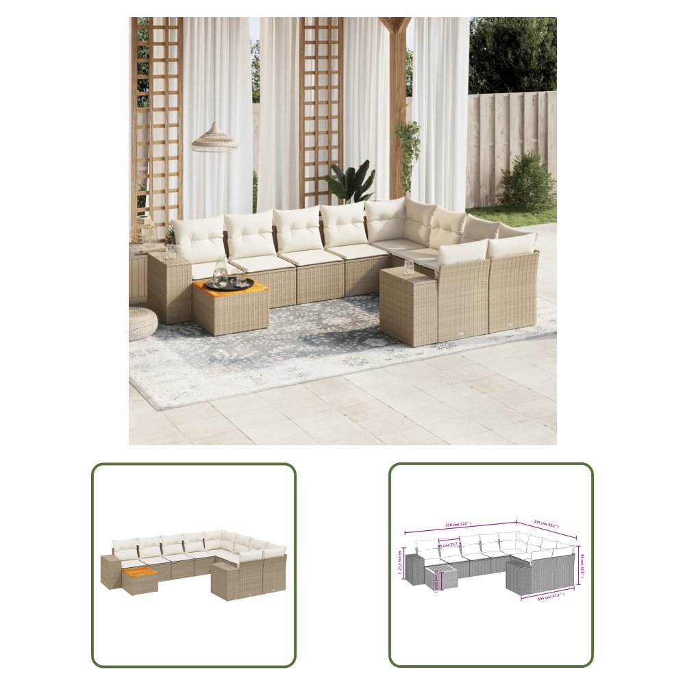 The Living Store 10-cz. zestaw mebli ogrodowych z poduszkami - beżowy - polirattan - Sofa Ogrodowa