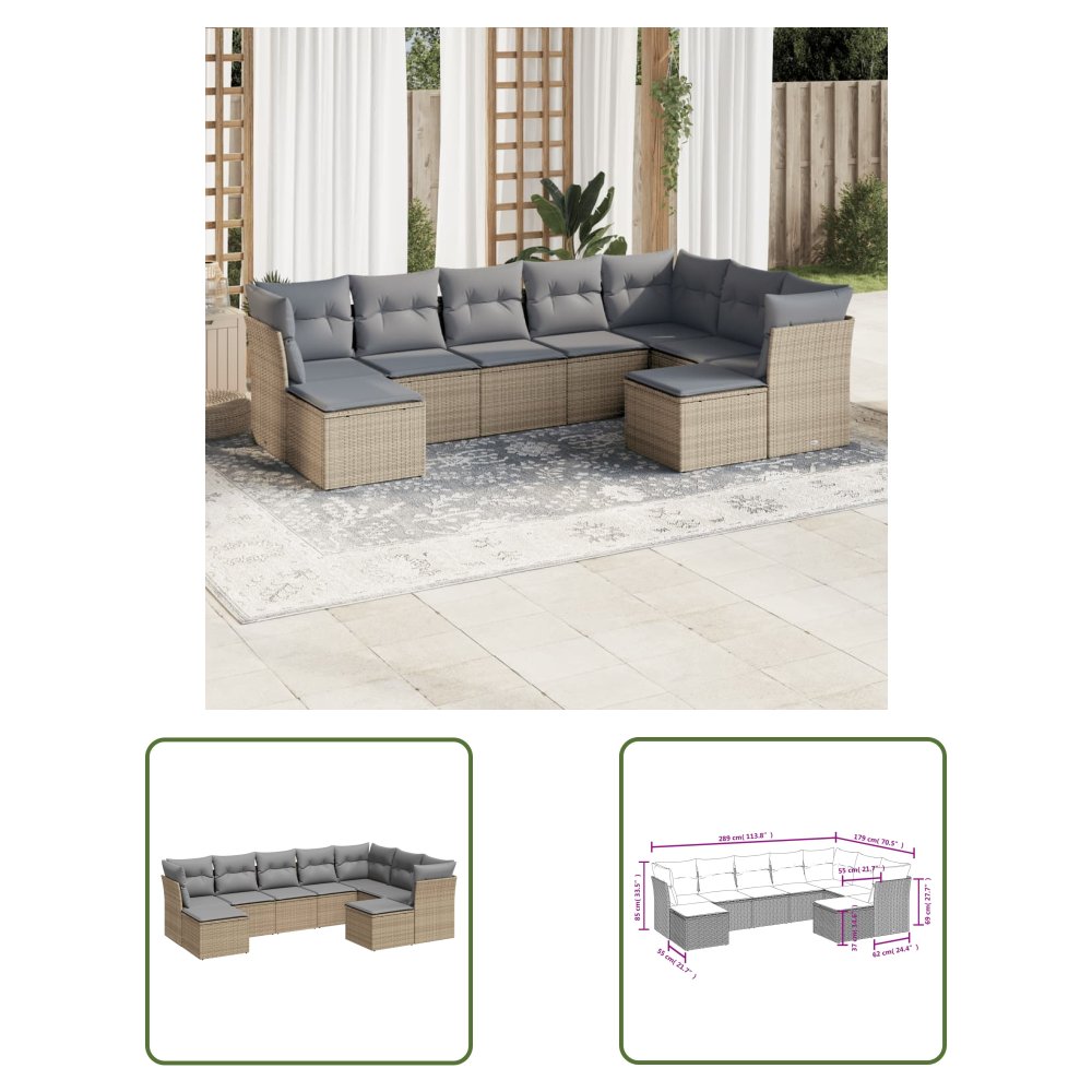 The Living Store 9-cz. zestaw mebli ogrodowych z poduszkami - beżowy - polirattan - Sofa Ogrodowa