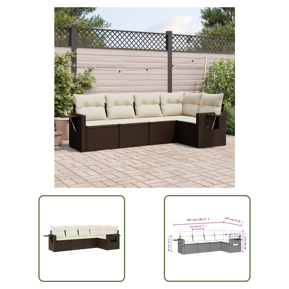 The Living Store 5-cz. zestaw mebli ogrodowych z poduszkami - brązowy - polirattan - Sofa Ogrodowa