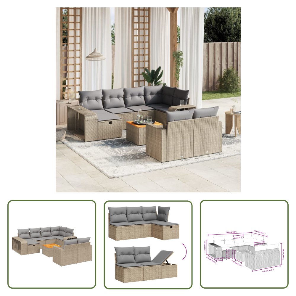 The Living Store 11-cz. zestaw mebli ogrodowych z poduszkami - beżowy - polirattan - Sofa Ogrodowa