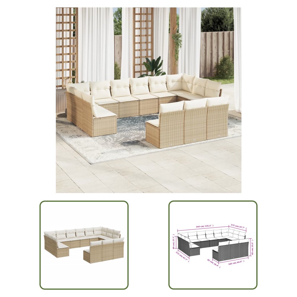 The Living Store 13-cz. zestaw mebli ogrodowych z poduszkami - beżowy - polirattan - Sofa Ogrodowa