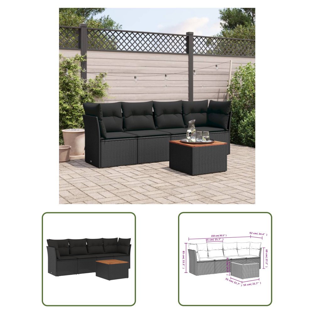 The Living Store 5-cz. zestaw wypoczynkowy do ogrodu - poduszki - czarny rattan PE - Sofa Ogrodowa