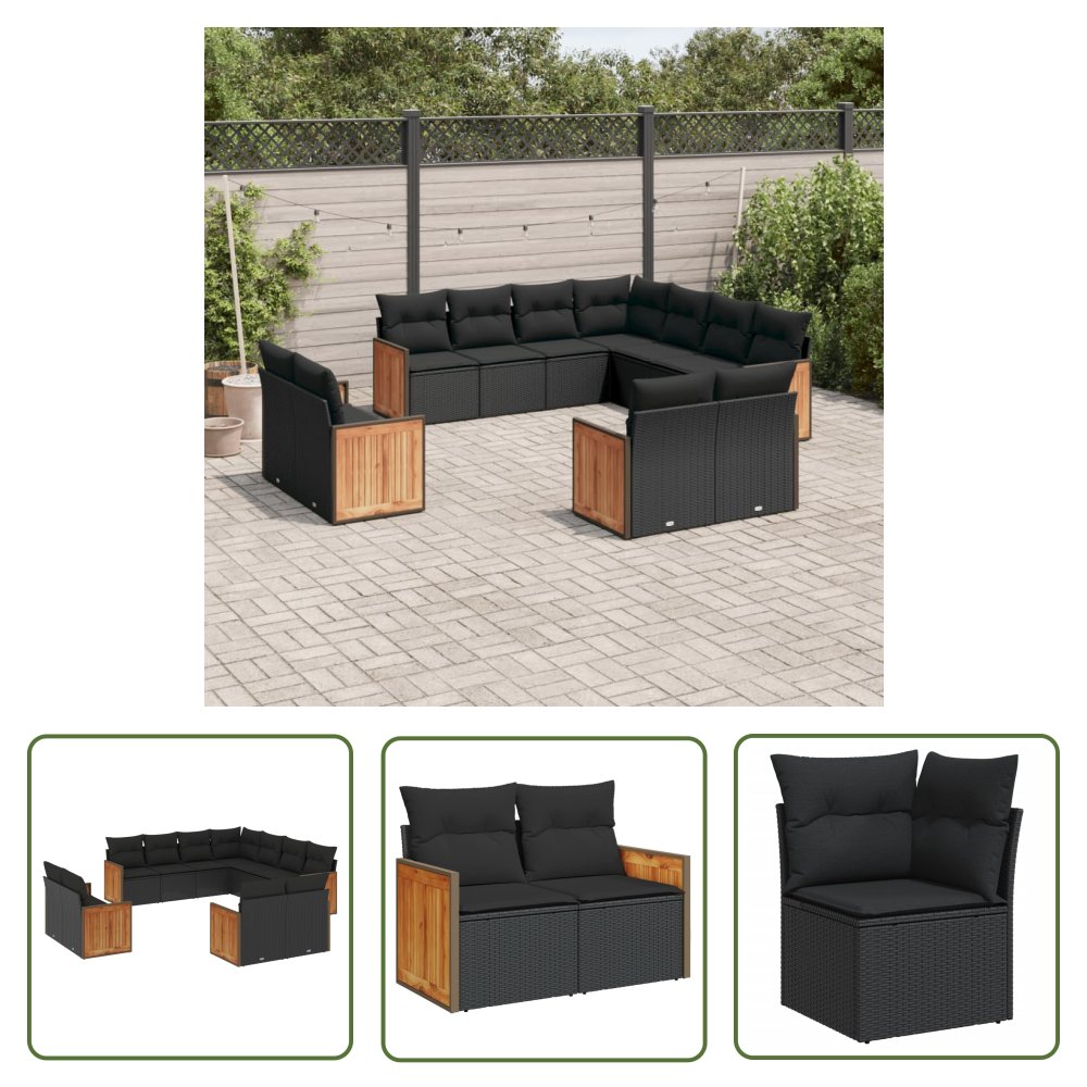 The Living Store 11-cz. zestaw wypoczynkowy do ogrodu - poduszki czarny rattan PE - Sofa Ogrodowa