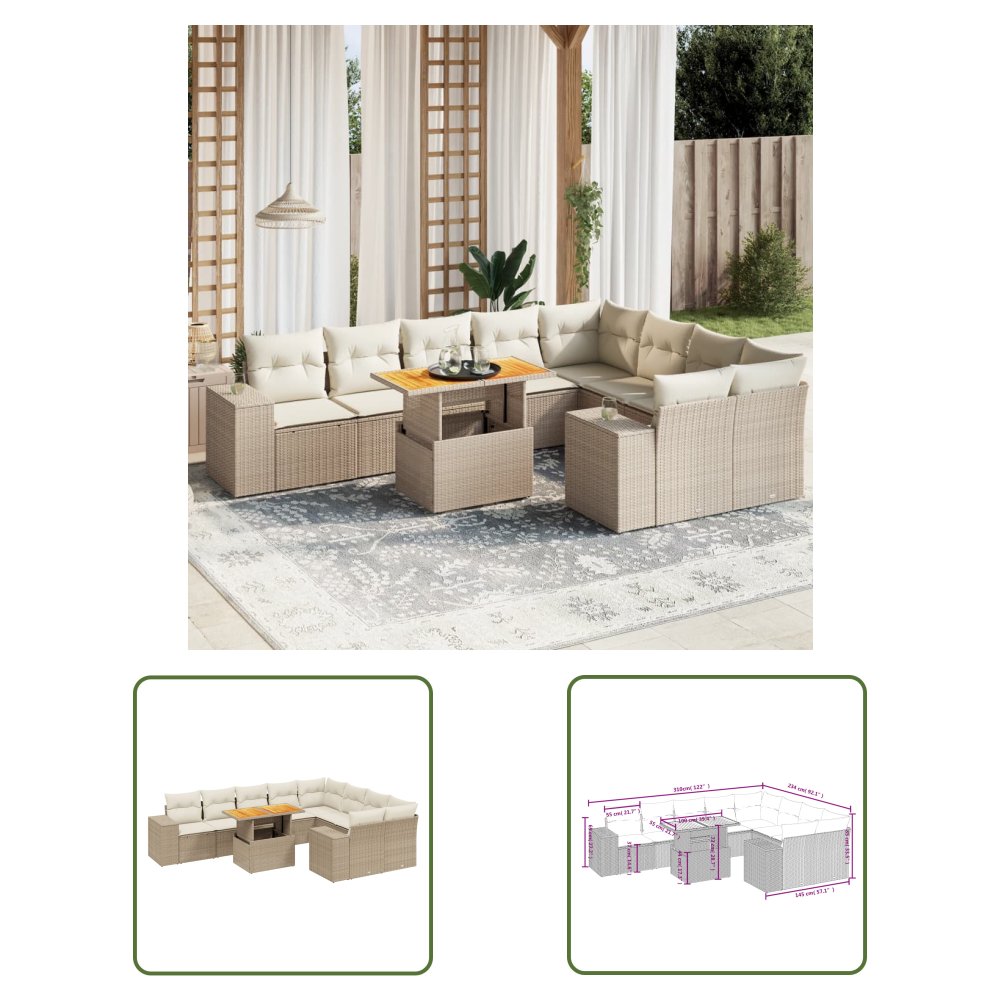 The Living Store 10-cz. zestaw mebli ogrodowych z poduszkami - beżowy - polirattan - Sofa Ogrodowa