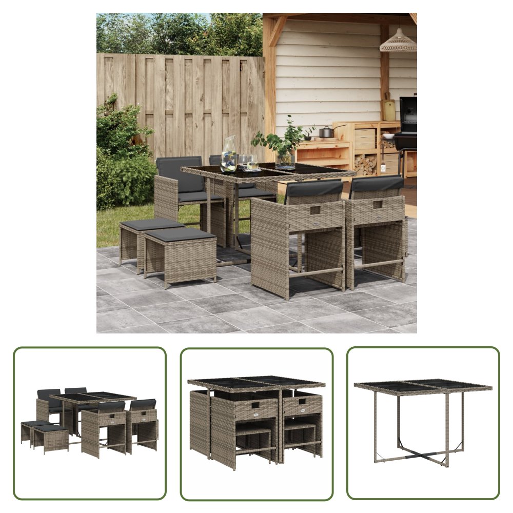 The Living Store 9-cz. zestaw mebli ogrodowych z poduszkami - szary - rattan PE - Meble Ogrodowe