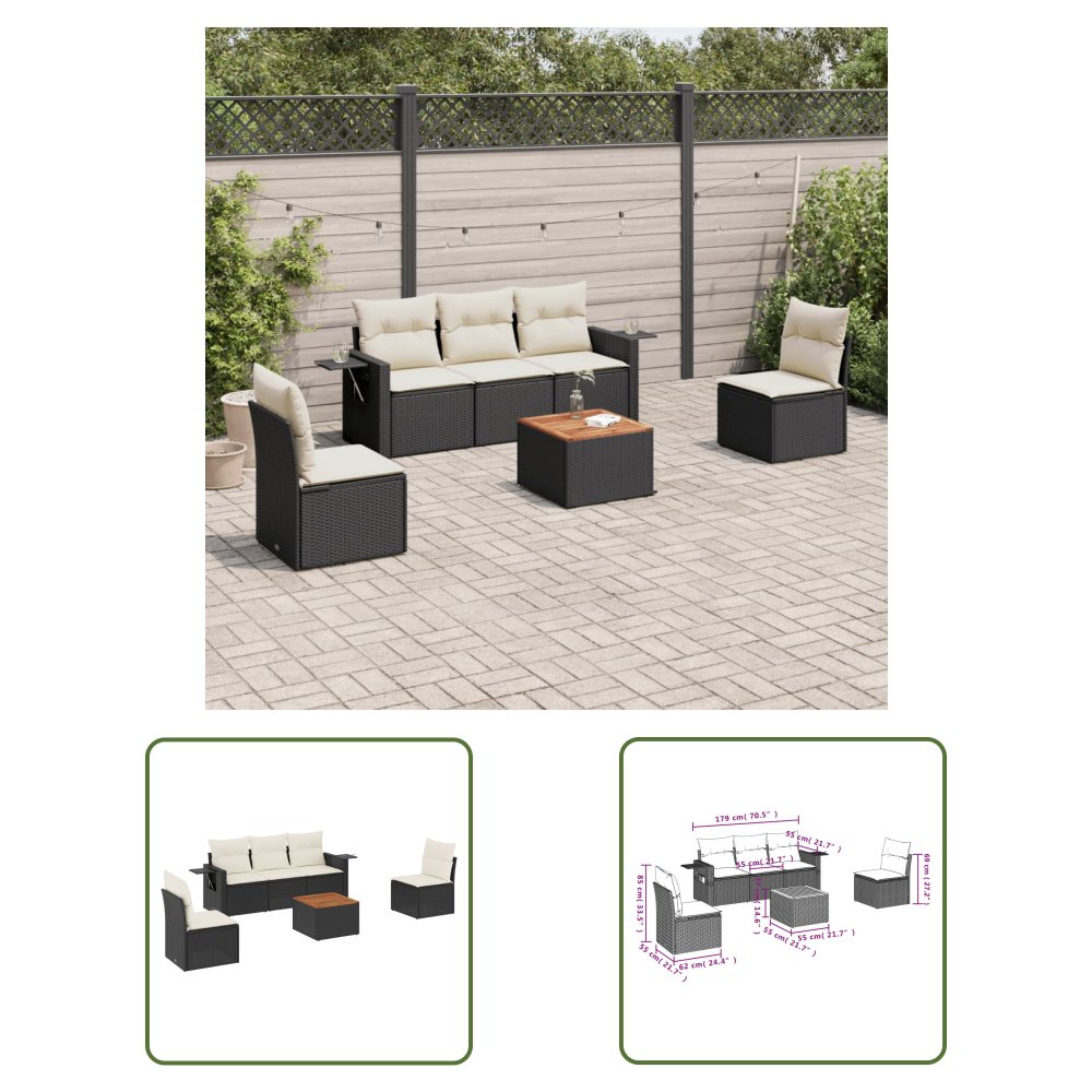 The Living Store 6-cz. zestaw mebli ogrodowych z poduszkami - czarny polirattan - Sofa Ogrodowa