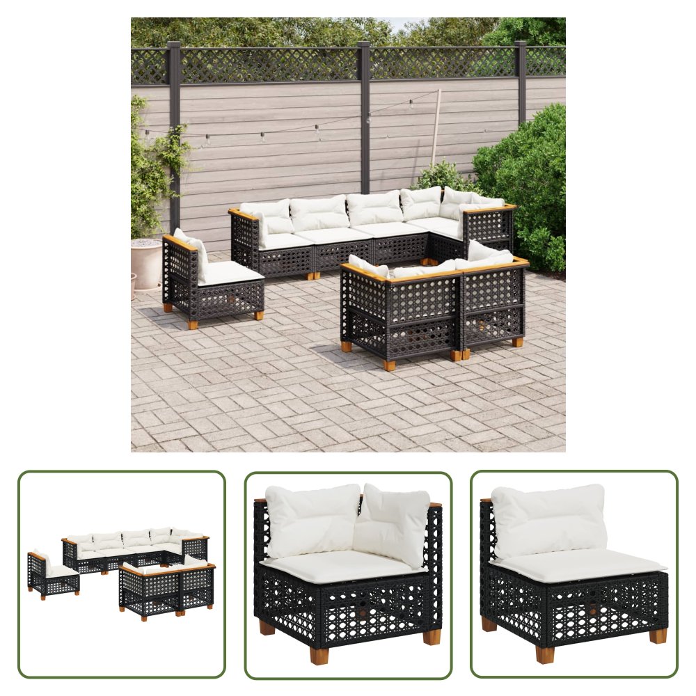 The Living Store 8-cz. zestaw wypoczynkowy do ogrodu - z poduszkami - czarny - Sofa Ogrodowa