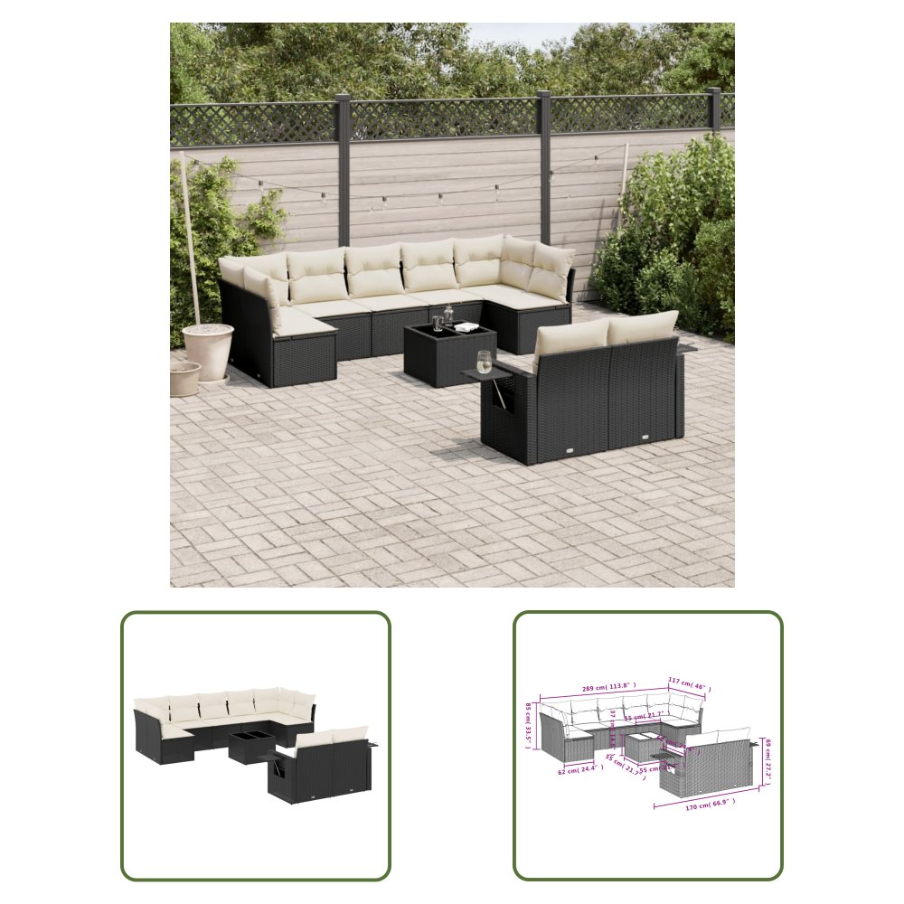 The Living Store 10-cz. zestaw wypoczynkowy do ogrodu - poduszki czarny rattan PE - Sofa Ogrodowa