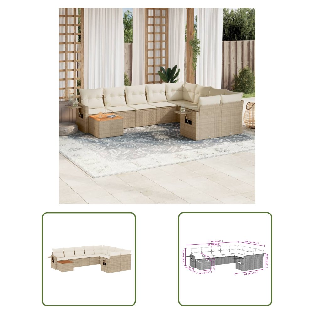 The Living Store 10-cz. zestaw mebli ogrodowych z poduszkami - beżowy - polirattan - Sofa Ogrodowa